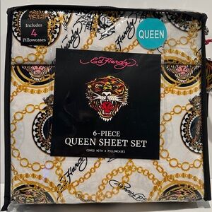 NWT Ed Hardy Tiger Paradise Gold & Black 6Piece Queen Sheet Set W/4 Pillowcases.